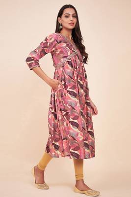 Trendy and stylish purple colour silk blend alia cut kurti with designer printed work with smart bollywood style 2