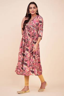 Trendy and stylish purple colour silk blend alia cut kurti with designer printed work with smart bollywood style 3