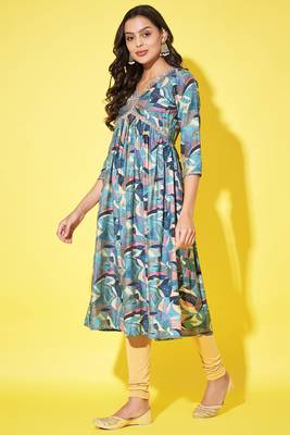 Trendy and stylish blue colour silk blend alia cut kurti with designer printed work with smart bollywood style 1