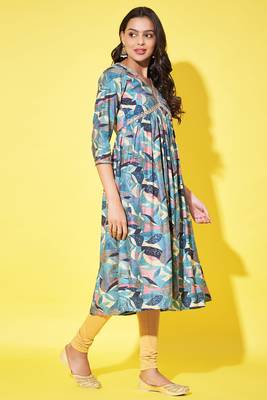 Trendy and stylish blue colour silk blend alia cut kurti with designer printed work with smart bollywood style 2