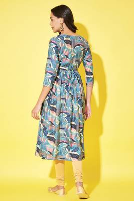 Trendy and stylish blue colour silk blend alia cut kurti with designer printed work with smart bollywood style 3