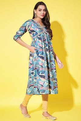 Trendy and stylish blue colour silk blend alia cut kurti with designer printed work with smart bollywood style 4