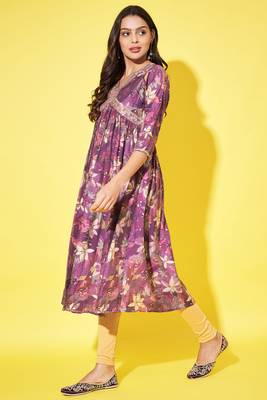 Trendy and stylish purple colour silk blend alia cut kurti with designer printed work with smart bollywood style 1