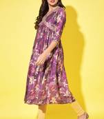Trendy and stylish purple colour silk blend alia cut kurti with designer printed work with smart bollywood style