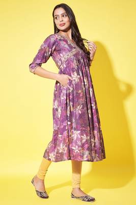 Trendy and stylish purple colour silk blend alia cut kurti with designer printed work with smart bollywood style 2