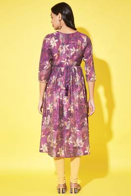 Trendy and stylish purple colour silk blend alia cut kurti with designer printed work with smart bollywood style 3