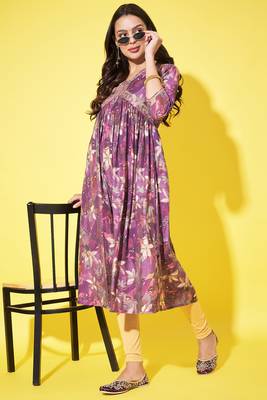 Trendy and stylish purple colour silk blend alia cut kurti with designer printed work with smart bollywood style 4
