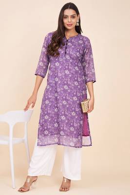 Purple colour ethnic linen fabric kurti for festive party looks with designer prints 1