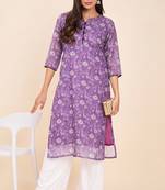 Purple colour ethnic linen fabric kurti for festive party looks with designer prints