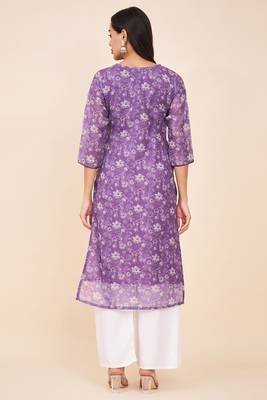 Purple colour ethnic linen fabric kurti for festive party looks with designer prints 2