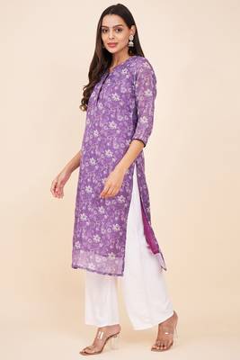 Purple colour ethnic linen fabric kurti for festive party looks with designer prints 3