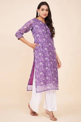 Purple colour ethnic linen fabric kurti for festive party looks with designer prints 4