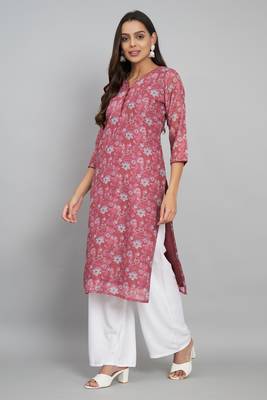 Red colour ethnic linen fabric kurti for festive party looks with designer prints 3