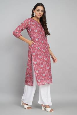 Red colour ethnic linen fabric kurti for festive party looks with designer prints 4