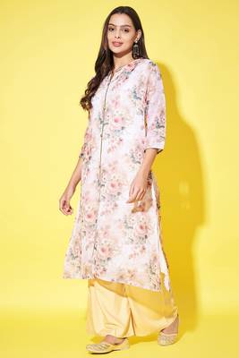 Beige colour ethnic linen fabric kurti for festive party looks with designer prints 1