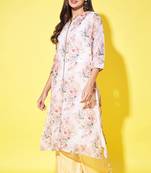 Beige colour ethnic linen fabric kurti for festive party looks with designer prints
