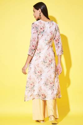 Beige colour ethnic linen fabric kurti for festive party looks with designer prints 2