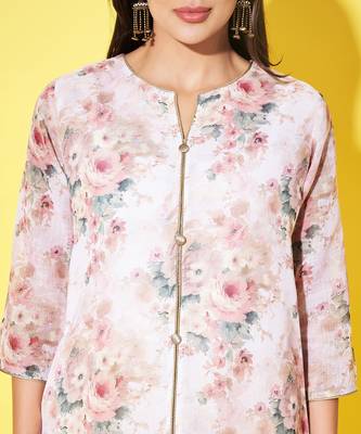 Beige colour ethnic linen fabric kurti for festive party looks with designer prints 3