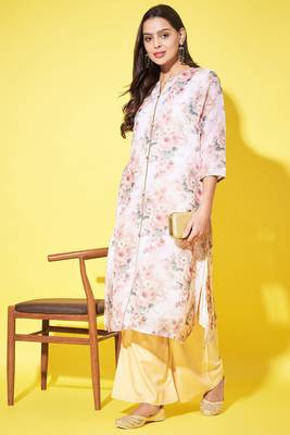 Beige colour ethnic linen fabric kurti for festive party looks with designer prints 4