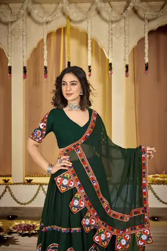 Dark Green Navratri Lehenga Choli  Vibrant Garba Dress with Traditional Embroidery