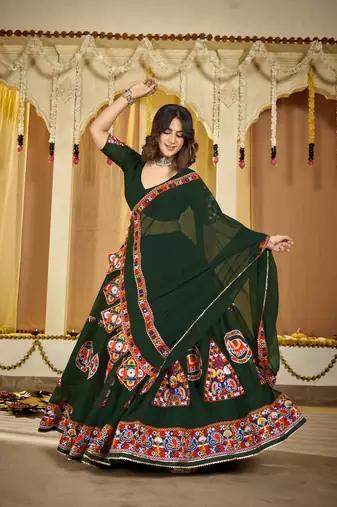 Dark Green Navratri Lehenga Choli  Vibrant Garba Dress with Traditional Embroidery