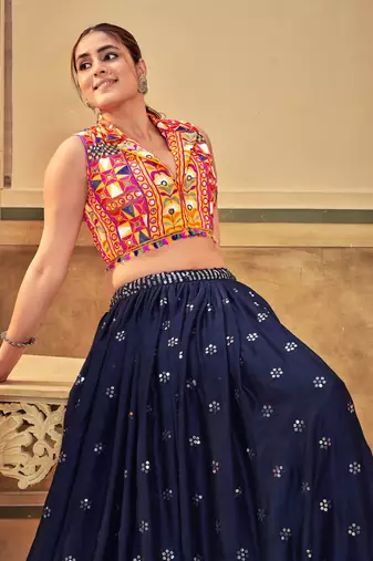Multy Colour Special Navratri Lehenga Choli For Graceful Garba Festivals With Mirror And Thread Work