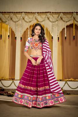 Magenta Cotton Navratri Lehenga Choli with Kutch Mirror Embroidery & Striped Dupatta 1