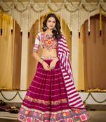 Magenta Cotton Navratri Lehenga Choli with Kutch Mirror Embroidery & Striped Dupatta