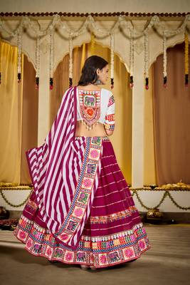 Magenta Cotton Navratri Lehenga Choli with Kutch Mirror Embroidery & Striped Dupatta 3