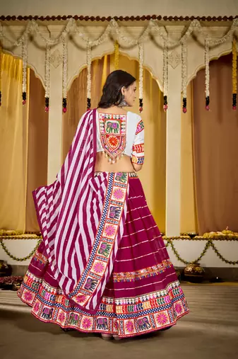 Magenta Cotton Navratri Lehenga Choli with Kutch Mirror Embroidery & Striped Dupatta