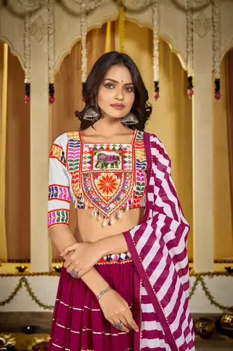 Magenta Cotton Navratri Lehenga Choli with Kutch Mirror Embroidery & Striped Dupatta
