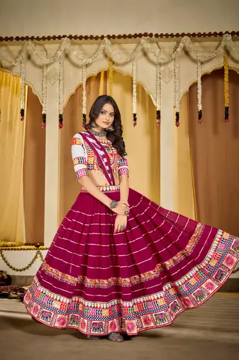Magenta Cotton Navratri Lehenga Choli with Kutch Mirror Embroidery & Striped Dupatta