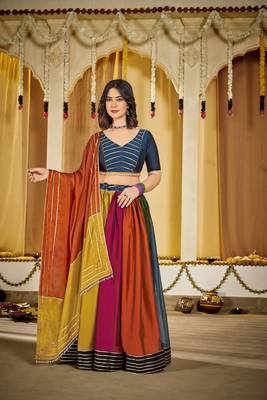 Multicolour Soft Silk Navratri Lehenga Choli with Striped Dupatta Garba Dress 1