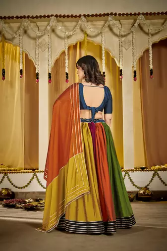 Multicolour Soft Silk Navratri Lehenga Choli with Striped Dupatta Garba Dress