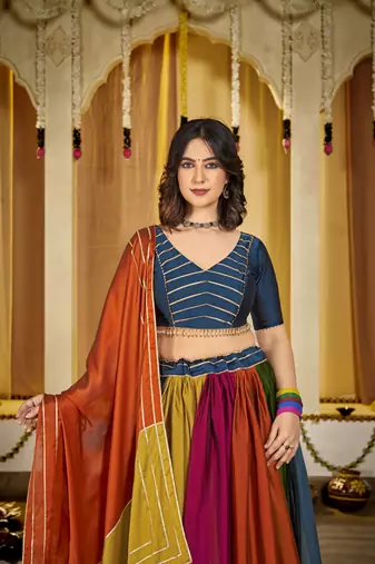 Multicolour Soft Silk Navratri Lehenga Choli with Striped Dupatta Garba Dress