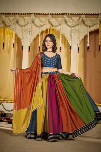 Multicolour Soft Silk Navratri Lehenga Choli with Striped Dupatta Garba Dress