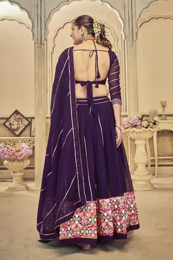 Purple Colour Mirror And Thread Work Garba Special Navratri Lehenga Choli