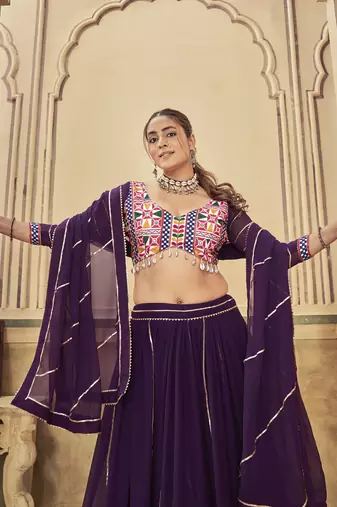 Purple Colour Mirror And Thread Work Garba Special Navratri Lehenga Choli