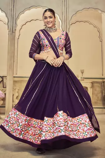 Purple Colour Mirror And Thread Work Garba Special Navratri Lehenga Choli