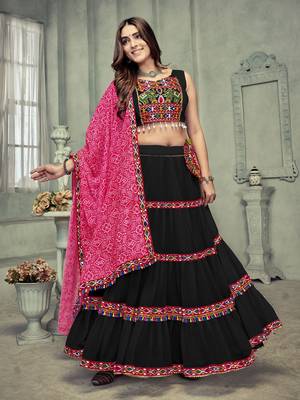 Black Colour Mirror And Thread Work Garba Special Navratri Lehenga Choli 1