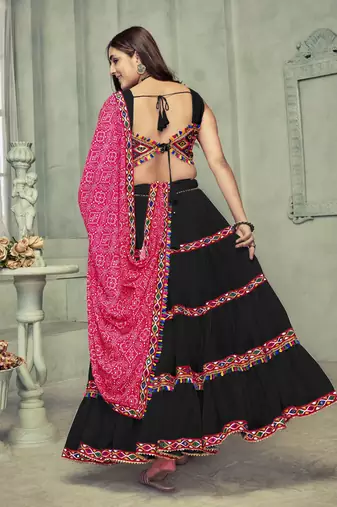 Black Colour Mirror And Thread Work Garba Special Navratri Lehenga Choli