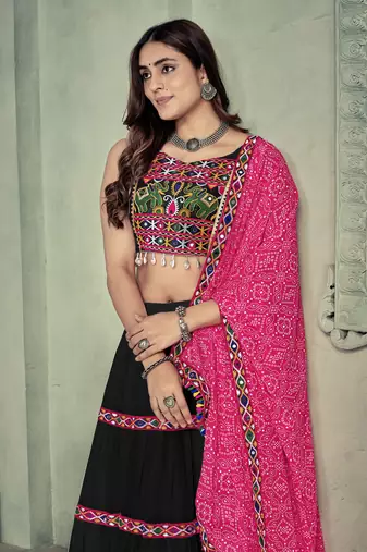 Black Colour Mirror And Thread Work Garba Special Navratri Lehenga Choli