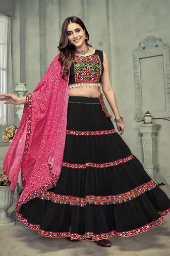 Black Colour Mirror And Thread Work Garba Special Navratri Lehenga Choli