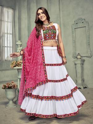 White Cotton Navratri Chaniya Choli with Kutch Embroidery & Bandhani Dupatta (Tie-Back) 1