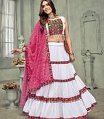 White Cotton Navratri Chaniya Choli with Kutch Embroidery & Bandhani Dupatta (Tie-Back)