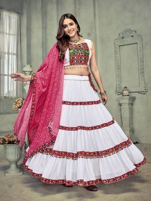 White Cotton Navratri Chaniya Choli with Kutch Embroidery & Bandhani Dupatta (Tie-Back) 5