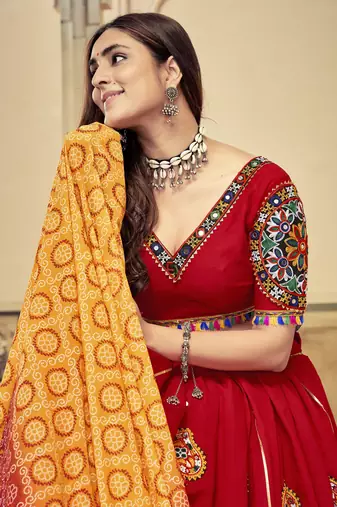 Maroon Colour Mirror And Thread Work Garba Special Navratri Lehenga Choli