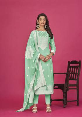 Sea geen colour organza suit for trendy girlish party looks with resham work 1