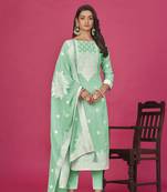 Sea geen colour organza suit for trendy girlish party looks with resham work