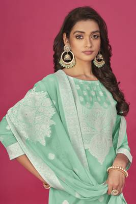 Sea geen colour organza suit for trendy girlish party looks with resham work 2